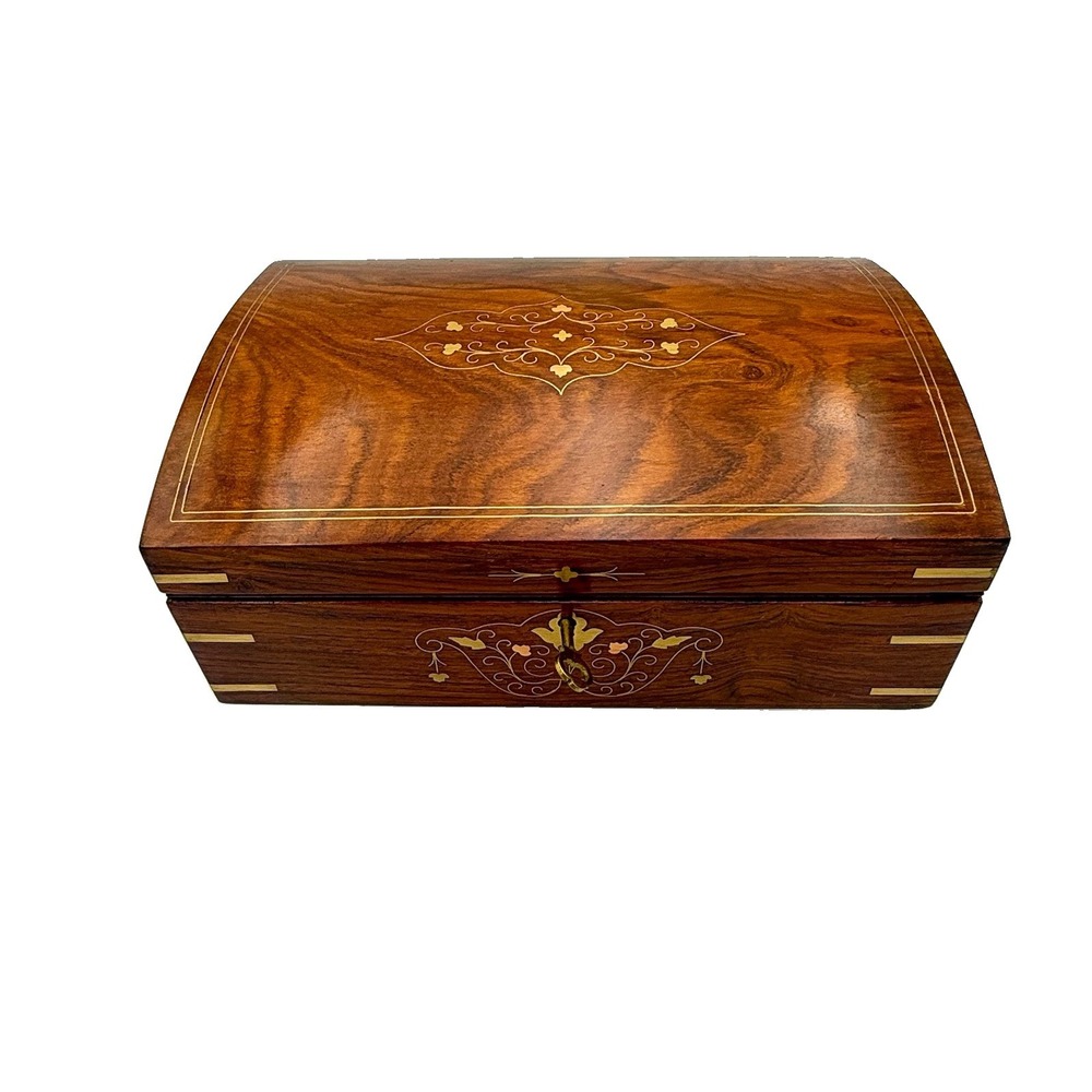 Vintage Wood Jewelry Keepsake Box Brass Inlay Locking - 2 Keys Felt Lined, 12x8"